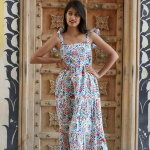 Robe d'été en coton indien fait à la main Élégant imprimé floral Long Léger Taille naturelle Écologique Cadeau parfait pour elle - Product Image 1