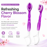 Mini brosse à dents jetable 5 en 1 |   Saveur de fleurs de cerisier Sakura |   Distributeur de dentifrice intégré, brossette à dents, gratte-langue |   Format voyage
