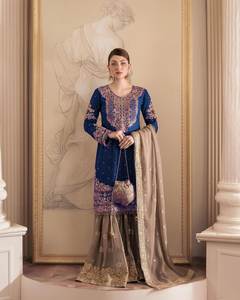 Blue Silk Indian Pakistani Wedding <b>Kurti</b> Sharara Dupatta Kameez Party Wear Dresses Gown <b>Kurti</b> Design Wedding <b>Kurti</b> - Product Image 2
