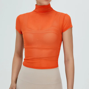 Camiseta informal de yoga para mujer Camiseta deportiva de cuello alto Malla transpirable Protección solar Jersey bordado - Product Image 2