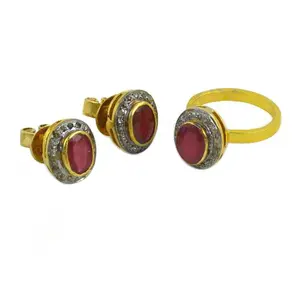 Ensemble de boucles d'oreilles et de bague en or plaqué or avec rubis pour femmes, bijoux fins - Product Image 2
