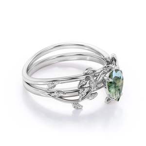 Bague de fiançailles de mariage en argent 925 pour femme 1 carat Agate mousse verte poire avec pierre gravée Style classique pour la fête - Product Image 2
