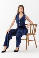 Ensemble 2 pièces en tricot rayé pour femmes, veste sans manches boutonnée et pantalon large, élégant, décontracté et adapté au bureau, 100% acrylique