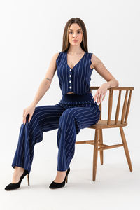 Traje de punto a rayas para mujer de alta calidad, cómodo y elegante, chaleco con botones, conjunto de pantalones, traje de punto para el trabajo, Diario, reuniones - Product Image 4