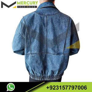 Veste en jean solide ample pour hommes avec poches, revers décontracté en coton mélangé avec fermeture éclair à manches longues vêtements d'extérieur pour l'extérieur - Product Image 2