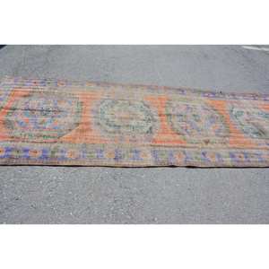 Tapis Vintage en Laine Turque Orange & Bleu 4 X 11.2ft Patchwork Tapis de Salon à Tissage Plat avec Support en Latex pour Décorations - Product Image 3