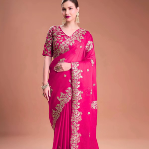 Dernier sari en soie Rangoli Dhwaja Export du Gujarat, travail féminin, fantaisie, Jari Dori et fil avec des paillettes et broderie Jari - Product Image 1