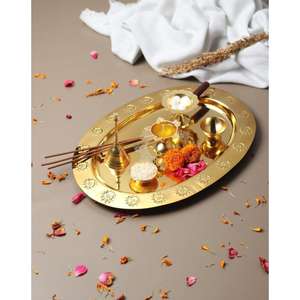 Ensemble d'accessoires cadeaux religieux hindous, artisanat, plateau rond de 13 pouces avec accessoires, plateau en laiton pour la prière, article de prière pour Diwali - Product Image 4