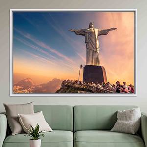 Printed Canvas Art: Christ the Redeemer, Landscape Decor,WHITE <b>FRAMED</b> CANVAS - Product Image 1