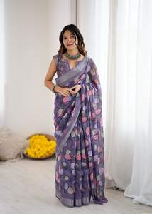 Saree Lilan patta imprimé pour femmes de nouveau design avec chemisier non cousu | - Product Image 2