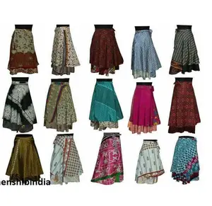 भारतीय रेशम की लंबी स्कर्ट महिलाओं ने बोहेमियन स्कर्ट जिप्सी हिप्पी बोहो डबल लेयर स्कर्ट को लपेटें