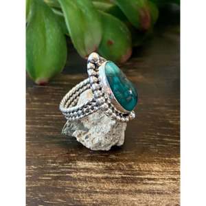 Larry Kay Kingman Turquoise & Sterling <b>Silver</b> <b>Statement</b> <b>Ring</b> Rhodium Plated Inlay Technology Size 6.5 for Everyday Wear Weddings - Product Image 3