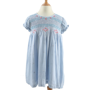 Ropa para niños, ropa para niñas, vestidos para niñas, venta al por mayor, vestido ahumado para niñas, algodón corto azul, diseño personalizado, alta calidad - Product Image 4