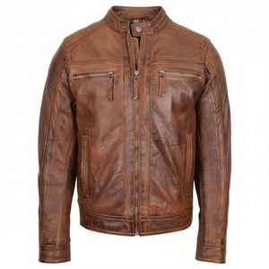 Chaqueta de Cuero Marrón Vintage para Hombre, Estilo Café Racer, Chaqueta de Motociclista, Cuello Alto, Piel de Cordero Auténtica, Prenda Exterior Transpirable - Product Image 1