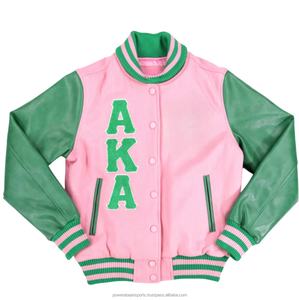 Chaqueta Universitaria Premium AKA de Lana Rosa y Verde con Logotipo Bordado de la Hermandad en la Parte Delantera, Impermeable, a la Moda y Elegante para Mujer - Product Image 1
