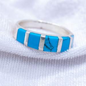 Vintage Turquoise Enamel Stripe Pattern Ring Handmade 925 Sterling <b>Silver</b> Ring Tribal Boho Hippie Ring - Product Image 1