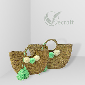 Vente chaude bohème Vintage jacinthe fourre-tout été raphia paille sac de plage ouvert à la mode pompon détail automne vente en gros Vietnam - Product Image 3