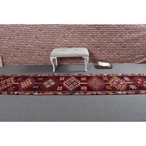 Vintage Turkish Rug, 2.4x13.2 ft Herki Rug, <b>Red</b> Patchwork <b>Wool</b> Rug - Product Image 3