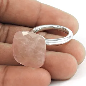 고품질 로즈 석영 원석 반지 925 순은 반지 은 보석 도매 인도 보석 선물