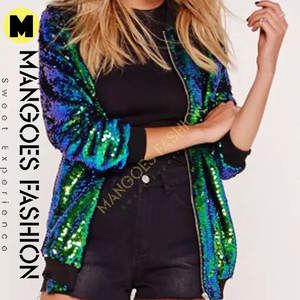Chaqueta de lentejuelas verdes para mujer de alta calidad de talla grande con cremallera Glitter Bling Bomber prendas de vestir exteriores con tela de lona de algodón con relleno - Product Image 6