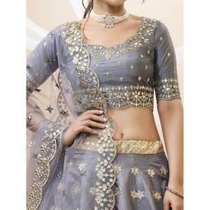 Magnifique Lehenga Choli en soie artificielle grise pour réception avec travail de miroir Robes de soirée pour femmes - Product Image 1