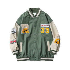 Chaqueta universitaria para hombre Logotipo personalizado Puños acanalados Dobladillo Escote Bolsillo lateral Uniforme de béisbol Mangas de cuero - Product Image 6