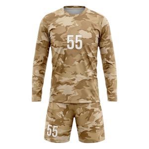 Uniforme de Fútbol Sublimado Personalizado con Camuflaje Desértico, 100% Poliéster, Conjunto de Camiseta de Manga Larga y Pantalones Cortos, Ropa Deportiva Transpirable para Hombre - Product Image 1