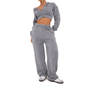 Top 2025 nouveau Streetwear personnalisé lavé à l'acide Patch broderie recadrée 2 pièces survêtement ensemble survêtements pour femmes - Product Image 1