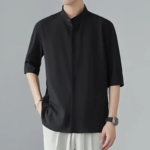 Chemise décontractée en tissu sergé pour homme, manches courtes à sept-quarts, col montant, pour le printemps, l'automne et l'hiver - Product Image 2