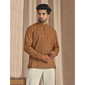 Kurta décontracté pour homme en coton imprimé à manches longues couleur moutarde respirant coupe courte - Product Image 5