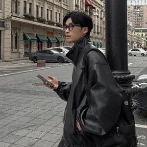 Veste imperméable américaine décontractée tendance en cuir véritable pour hommes, hiver, couleur unie, col montant, style de rue. - Product Image 4