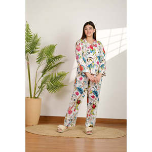 Floral Woven Fabric <b>Pajama</b> Set for Women Customizable Logo Buttoned & Elastic Waist Closure Summer Homewear <b>Suit</b> for Bridesmaids - Product Image 3