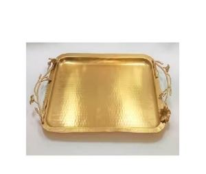 Plateau à dessert décoratif avec poignée en forme de feuille Plateau en fonte d'aluminium minimaliste argenté Plat de service polyvalent Plat de service en métal Vente - Product Image 1