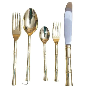 Mirrored Finishing in Leafy Design Stainless Steel <b>Cutlery</b> Knife Fork Spoon Set Western <b>Gold</b> <b>Cutlery</b> Set - Product Image 5