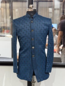 Traje Kurta Indo-Occidental de Lujo para Hombre, Azul Jacquard, Bandhgala, Sherwani, Chaqueta Jodhpuri, Ropa de Boda Bhojpuri, Proveedor Mayorista - Product Image 5