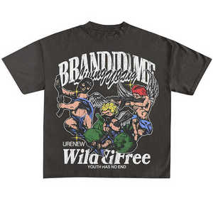 T-shirts vintage de haute qualité pour hommes 100% coton 300GSM sérigraphie à l'ourlet brut lavé à l'acide solide anti-boulochage - Product Image 3