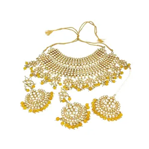 Kundan Bridal Necklace <b>Set</b> with <b>Gold</b> Plate Earrings and Maang Tikka Yellow Fine <b>Jewelry</b> for Weddings and Gifts - Product Image 4