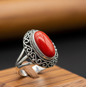 Bague unisexe tendance en argent 925 personnalisée Rudra Gems, pierre précieuse corail rouge, sertie en bélière, tendance, alliance de mariage, bijoux certifiés - Product Image 3