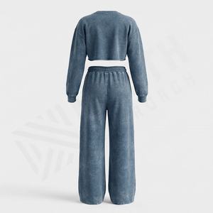 <b>Women</b> Hooded Streetwear 100% Cotton Crop Sweatshirt Baggy Jogger Pant 2 Piece Acid Wash <b>Sweatsuit</b> Set Custom Logo Athletic Wear - Product Image 2