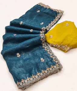 Última colección de Saree de gasa pura bordada y trabajo de diamantes con ambas manos Moti para fiestas bodas Diwali hecho de seda - Product Image 2