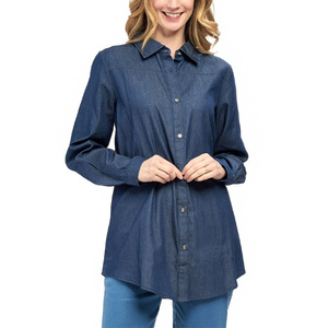 Camisa vaquera para mujer con tela de algodón suave y diseño frontal de botones, perfecta para trajes casuales de uso diario - Product Image 1