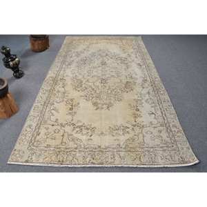 พรมสไตล์วินเทจผ้าขนแกะสีเบจแบบสแกนดิเนเวีย5.4 x 9.3ft ทำด้วยมือเป็นมิตรกับสิ่งแวดล้อมดีไซน์เย็บปะติดปะต่อกันทำจากยางสี่เหลี่ยมผืนผ้าห้องรับประทานอาหาร - Product Image 1