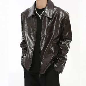 Chaqueta de lona de cuero genuino para hombre de superficie brillante de estilo americano con cremallera impermeable transpirable moda Casual invierno Color sólido - Product Image 4