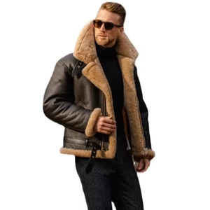 Blouson aviateur en cuir de mouton véritable pour homme avec col montant et logo sur le devant Blouson de moto épais avec doublure en peau de mouton - Product Image 1