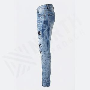 Pantalones Vaqueros de Mezclilla de Algodón de Alta Calidad al por Mayor, Estilo Urbano, Desgastados, Rotos, Ajustados, para Hombre, Color Personalizado al por Mayor - Product Image 3