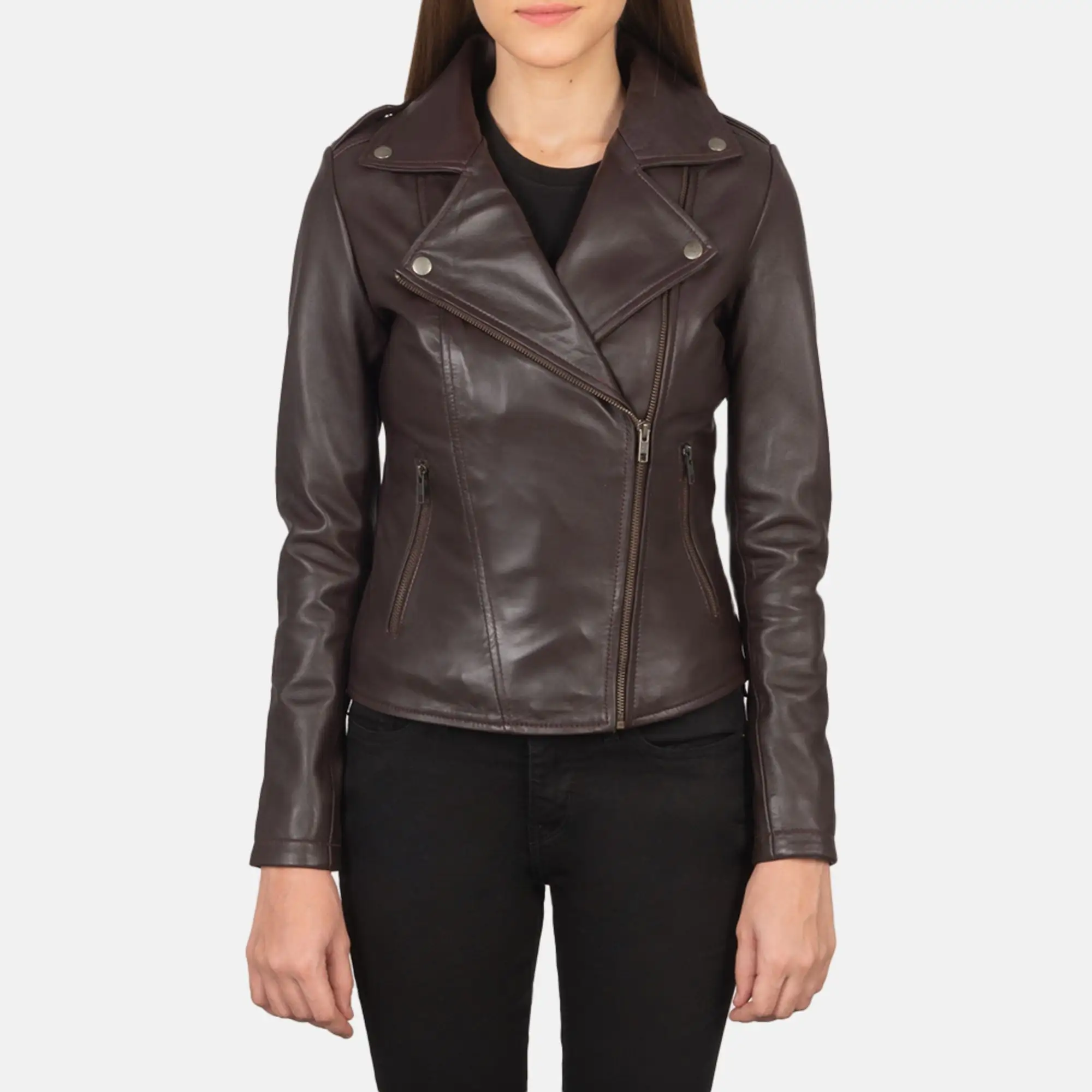 Real Leather Sheepskin Women's Biker Jacket Aniline Zipper Flashback Maroon Quilted Viscose Lining with inside outside Pockets