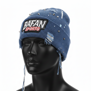 Bonnet en tricot de haute qualité, bleu, design délavé, logo brodé personnalisé, clous métalliques, bonnet en jacquard tendance - Product Image 4