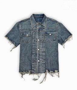 Custom Cotton Faded Distressed Crack Wash <b>Patchwork</b> Button Fly Shearing Fleece <b>Jacket</b> with Front Logo for Men - Product Image 1