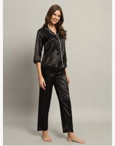 Conjunto de pijama de seda tejido cómodo informal para mujer, camisa y pantalones de satén de manga corta de 2 piezas, ropa de dormir - Product Image 5