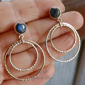 925 Sterling <b>Silver</b> <b>Dangle</b> <b>Earrings</b> with Natural Labradorite Gemstone Double Hoop Geometric Birthstone Labortite <b>Earrings</b> - Product Image 4